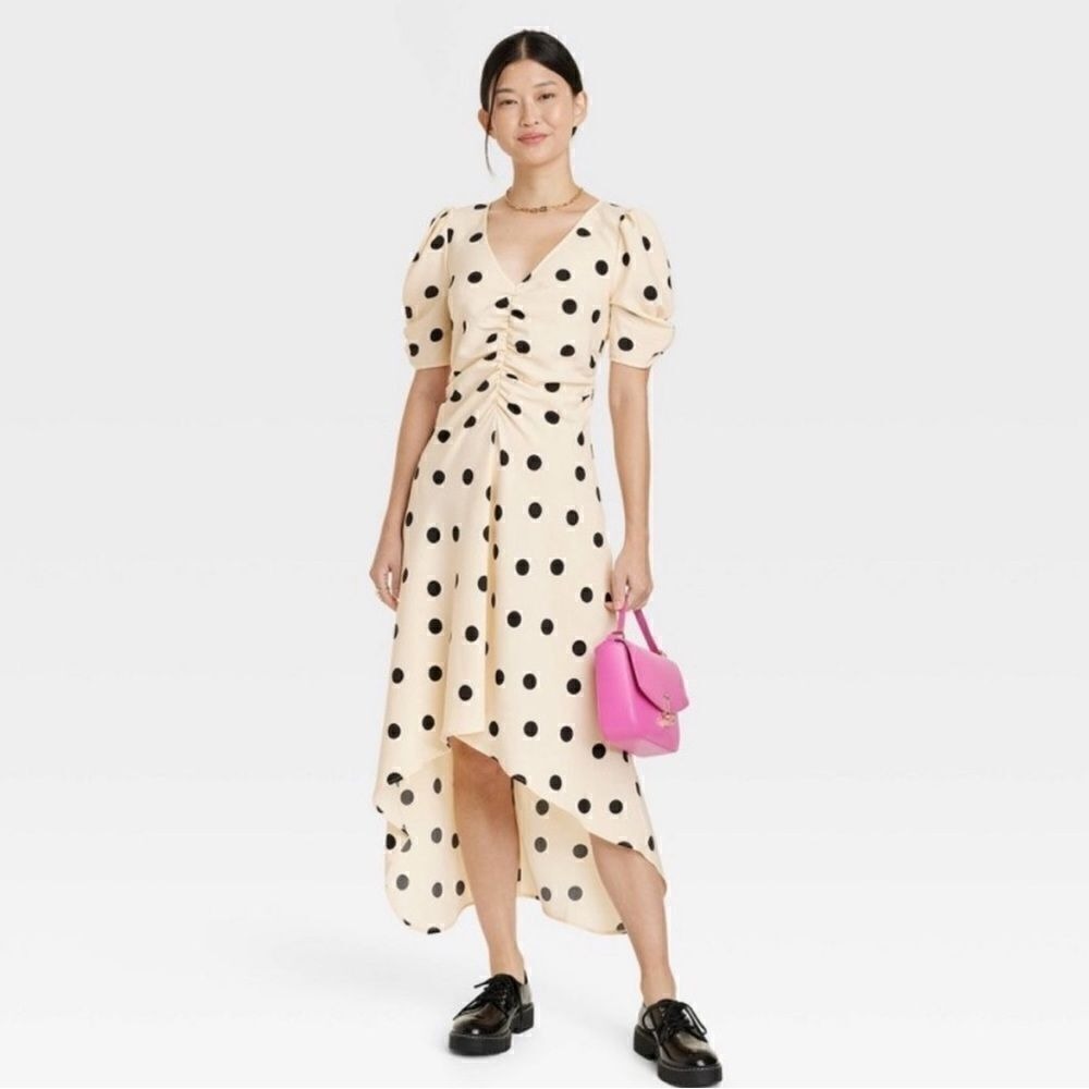 Women's Crepe Short Sleeve Midi Dress - A New Day Beige Polk dot